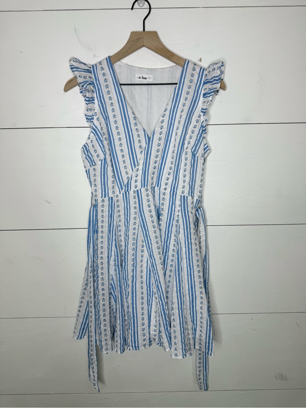 In Loom • Blue and White Striped Ruffle Faux Wrap Dress Size Small